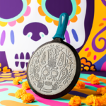 10.5 Inch Seasoned Cast Iron Xolo Sugar Skull Griddle with Deluxe Handle Holder